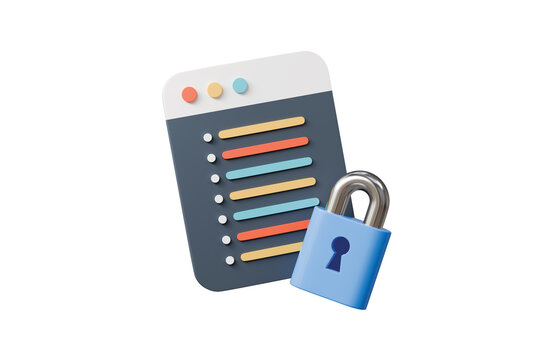 3d secure website checklist with padlock icon. cyber security concept. minimal cartoon browser window dashboard lock for web banner hero. isolated on white background. 3d render.