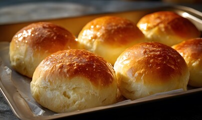 Some freshly baked hamburger buns, empty, still in a baking tray, shiny and golden from brushed melted butter, soft texture,