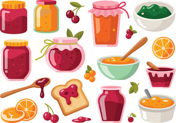 Assorted Jars Of Jam Cherries Oranges And Toast With Jam jelly preserve