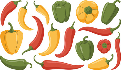 Assortment of Colorful Bell Peppers and Chili Peppers on White Background Keywords: pepper, bell