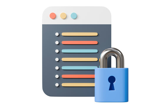 3d secure website checklist with padlock icon. cyber security concept. minimal cartoon browser window dashboard lock for web banner hero. isolated on white background. 3d render.