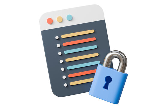 3d secure website checklist with padlock icon. cyber security concept. minimal cartoon browser window dashboard lock for web banner hero. isolated on white background. 3d render.