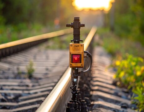Close-up of railway tracks with a signal device. Backlit with warm golden hour sunlight