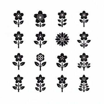 simple geomeatric  black and white flower icon set