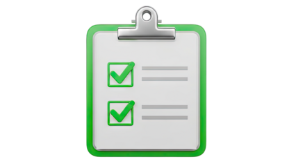 Clipboard with White Paper Green Checkmarks and Silver Clip Isolated on Transparent Background with Realistic Lighting and 3D Rendering Ideal for Design Projects