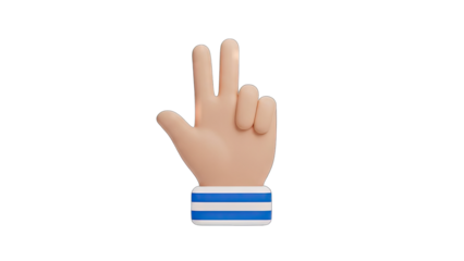 Cartoon 3D Hand Showing Two Fingers Up With Blue and White Striped Cuff On Transparent Background Vibrant Colors Detailed Rendering