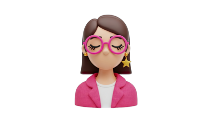 Close Up 3D Avatar of a Young Woman Wearing a Pink Blazer and Star Earrings with Eyes Closed in a Stylized Artistic Representation
