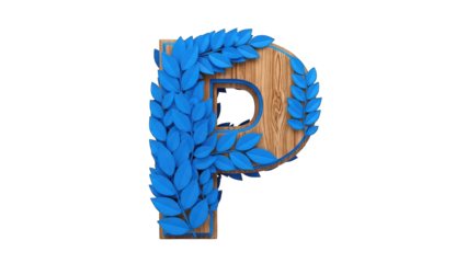 Capital Letter P Rendered in Natural Wood Texture Adorned with Vibrant Blue Leaves and Laurel Wreath Detail Isolated on Black Background