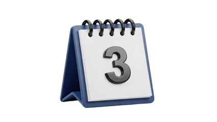 Close Up 3D Render Of A Blue Spiral Bound Desk Calendar Showing The Number Three With A White Page And A Transparent Background