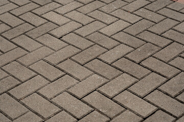 Gray concrete paving blocks arranged in herringbone pattern forming a textured sidewalk surface.