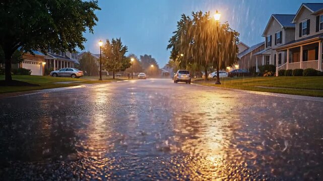 Evening Rain on Suburban Roadway: Atmospheric Reflections and Lights Illuminate