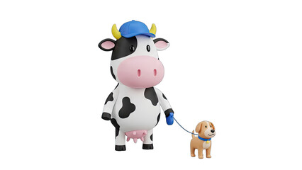 Cartoon Cow Wearing Blue Cap Walking Small Dog On Leash Isolated With Transparent Background
