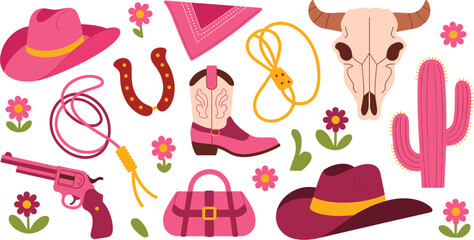 Cowboy Western Themed Elements in Pink and Burgundy illustration untitled