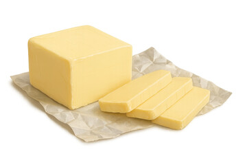 Block of butter and sliced pats for cooking and baking on crumpled parchment paper, transparent background