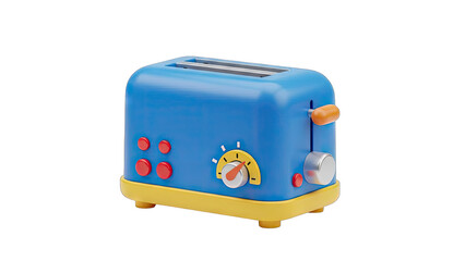 Bright Blue Cartoon Toaster with Yellow Accents and Orange Details Isolated on Transparent Background Vibrant Kitchen Appliance with Timer Dial and Lever Simple Household Object Clean Studio Shot