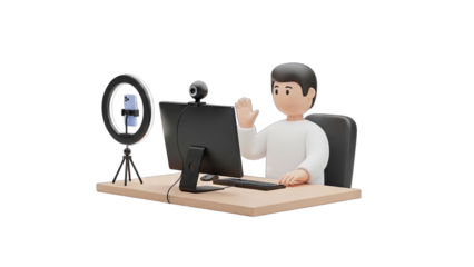 Cartoon Man in White Long Sleeve Shirt Sitting at Desk Waving Hello with Computer Ring Light and Webcam on Transparent Background