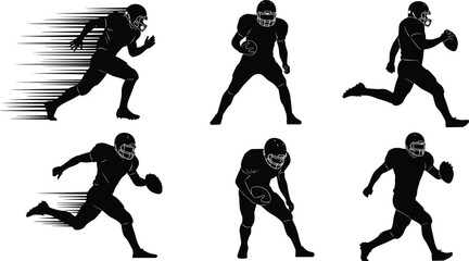 American football player silhouette illustration set, dynamic action pose icon, black vector artwork, cad drawing flat vector illustration