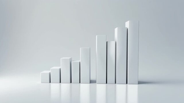 A minimalist white 3D bar chart rises on a plain surface in a light gray room  (51)