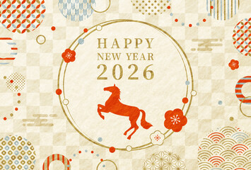 2026年 午年　馬と梅と和柄　おしゃれな年賀状