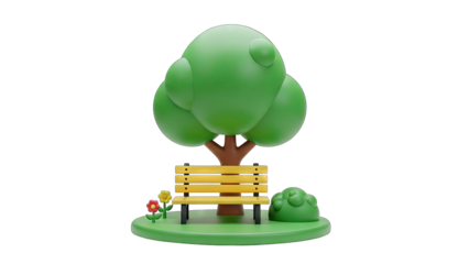 Cartoon style park scene with a large green tree a yellow wooden bench small red and yellow flowers and a green bush against a black background