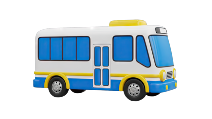 Cartoon Style White and Blue School Bus With Yellow Accents Isolated on Transparent Background Simplified Playful Design for Children Education Transportation Theme
