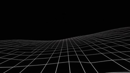 A futuristic 3D grid pattern landscape stretches across a dark background with white lines forming a mesh - Powered by Adobe