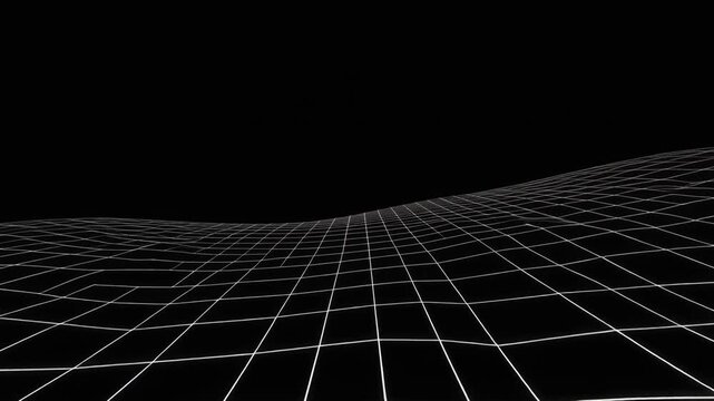 A futuristic 3D grid pattern landscape stretches across a dark background with white lines forming a mesh