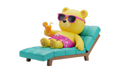 Cartoon Yellow Bear Relaxing on a Teal Chaise Lounge Wearing Pink Sunglasses and Swim Trunks Holding a Tropical Cocktail Isolated on Black Background