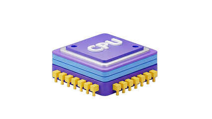 Central Processing Unit Chip With CPU Text And Golden Pins Isolated On Black Background With Blue Layers And Purple Top Layer