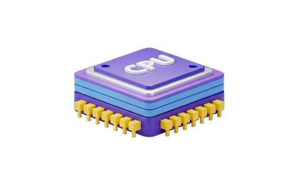 Central Processing Unit Chip With CPU Text And Golden Pins Isolated On Black Background With Blue Layers And Purple Top Layer