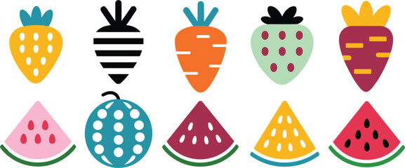Stylized Cartoon Fruits And Vegetables Icons symbol