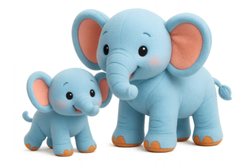 Two adorable blue elephant plush toys with pink ears and orange feet.