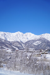 雪景色の白馬村と北アルプス