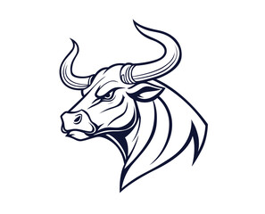 Vector illustration of an isolated black bull head with horns and face on a white background,logo