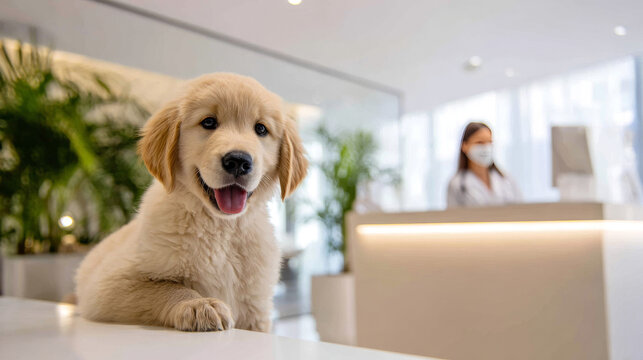 Adorable golden retriever puppy with fluffy, cream-colored fur sitting at a reception desk in a modern, well-lit office environment