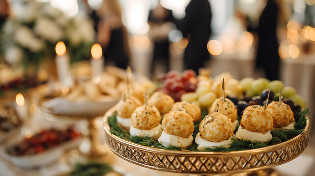 Delicious appetizers served on a decorative platter at an elegant evening event reception - Powered by Adobe