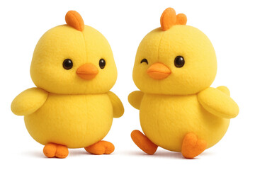 Two adorable yellow chick plush toys standing and winking playfully.