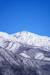 雪景色の白馬村と北アルプス