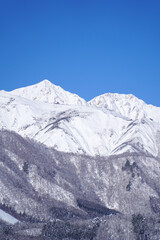 雪景色の白馬村と北アルプス