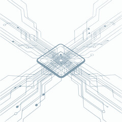 Central microchip with radial circuit lines vector representing data connectivity and digital infrastructure