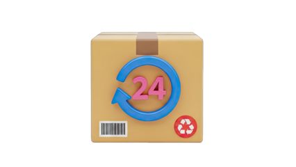 Brown Cardboard Delivery Box with Blue 24 Hour Service Cycle Symbol and Recycling Icon on Transparent Background
