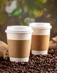 Two coffee cups on beans, burlap, blurred green background