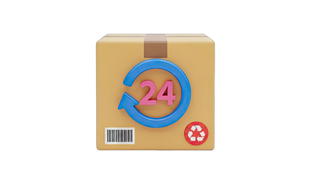 Brown Cardboard Delivery Box with Blue 24 Hour Service Cycle Symbol and Recycling Icon on Transparent Background - Powered by Adobe