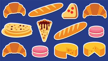 Kawaii French food sticker collection showcasing croissants, macarons, crepes, baguettes, and cheese icons, modern flat vector style, ideal for bakery and caf&eacute;-themed designs