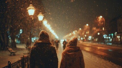 Winter Walk Through Illuminated Streets: A couple strolls hand-in-hand along a snow-covered street illuminated by charming streetlights, enveloped in the magic of a winter night.