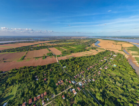 Koh Paen island overview by drone, Kampong Cham, Cambodia