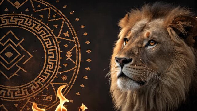 Lion king portrait in blazing fire concept. A majestic lion gazes fiercely amidst flames and intricate patterns, symbolizing power and courage.