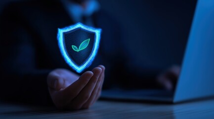 Cyber security shield with leaf icon hovering over hand for data protection and green technology solutions in dark blue tones