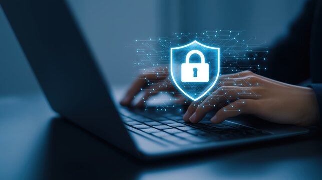 Cyber security shield icon on laptop keyboard with hands typing for data protection and network safety in a digital technology environment online