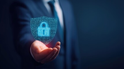 Cyber security shield with padlock icon on hand of businessman in suit for data protection and network safety concepts
